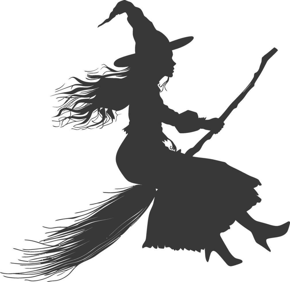 Silhouette witch flies on a magic broomstick black color only vector