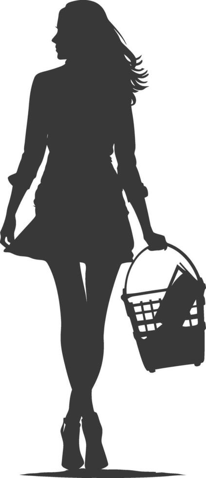 Silhouette women with Shopping basket full body black color only vector