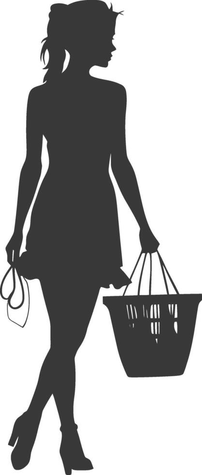 Silhouette women with Shopping basket full body black color only vector
