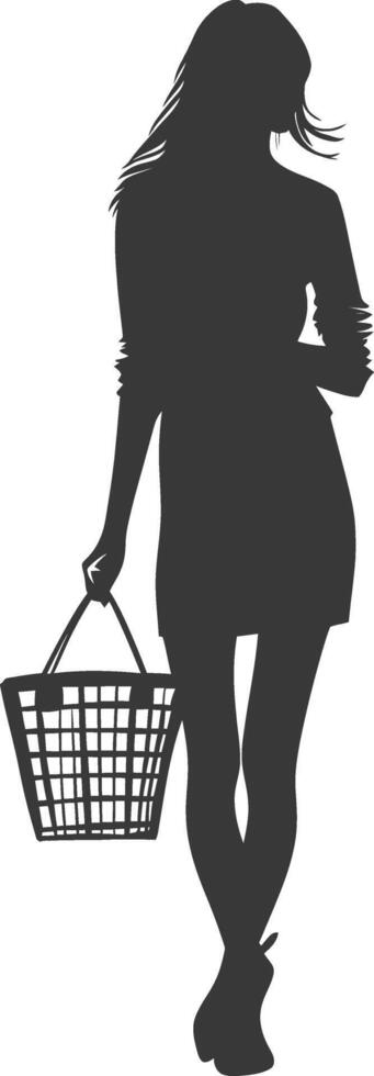 Silhouette women with Shopping basket full body black color only vector