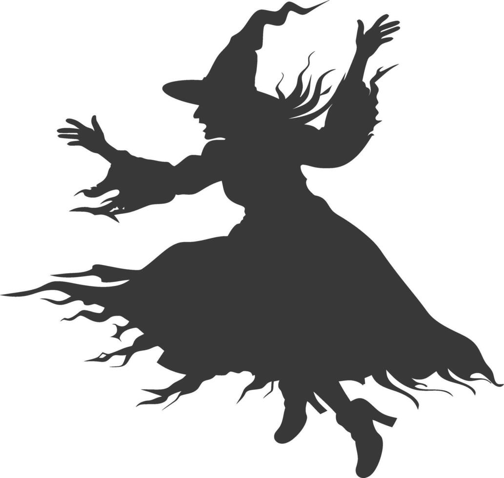 Silhouette witch in action full body black color only vector