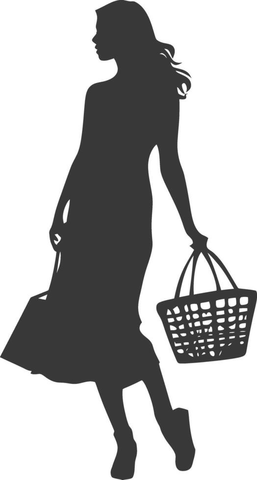 Silhouette women with Shopping basket full body black color only vector
