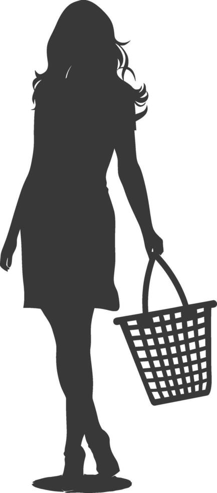 Silhouette women with Shopping basket full body black color only vector