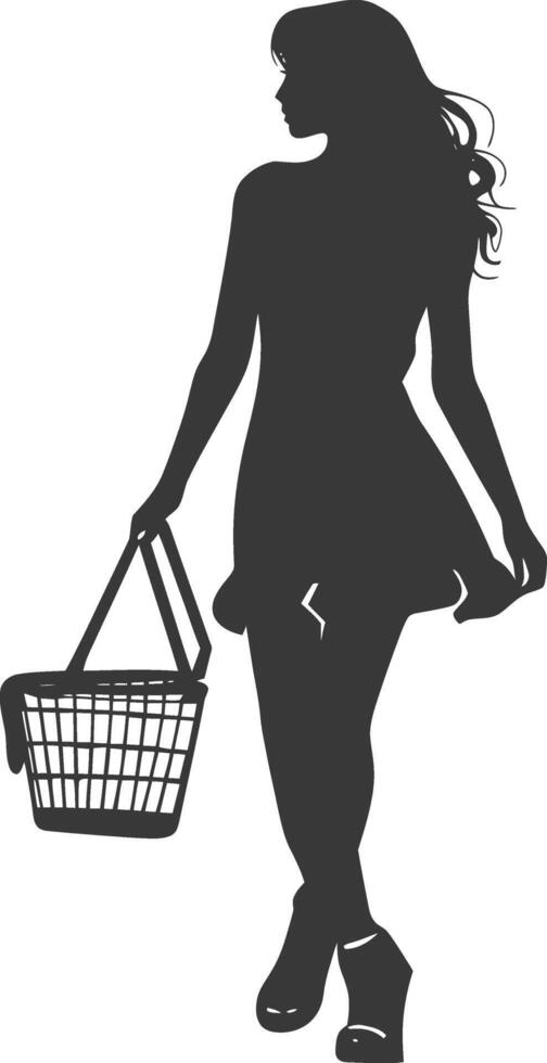 Silhouette women with Shopping basket full body black color only vector
