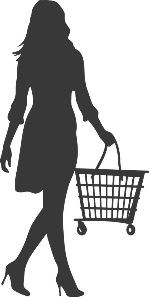 Silhouette women with Shopping basket full body black color only vector