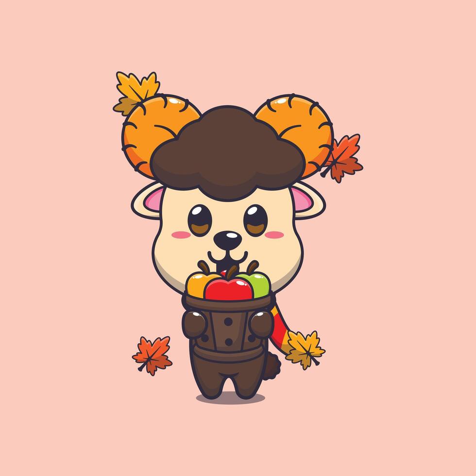 Cute ram sheep holding a apple in wood bucket vector