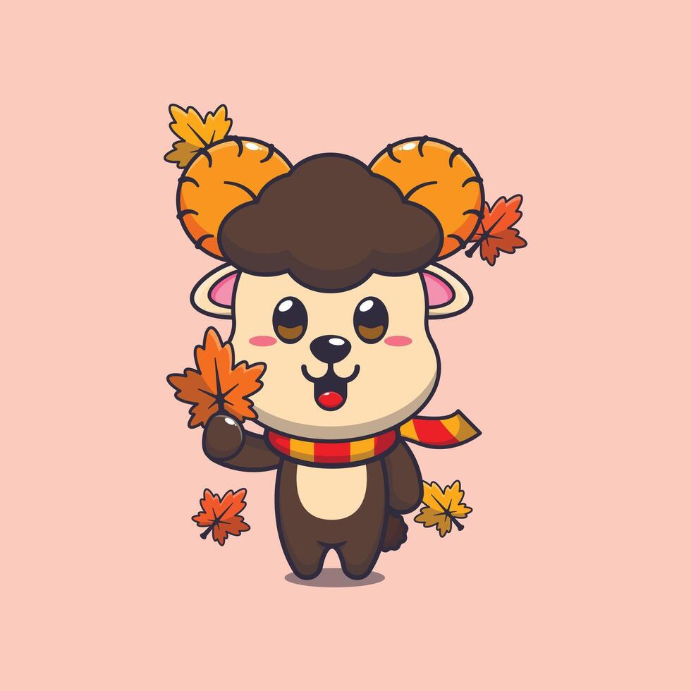 Cute ram sheep holding autumn leaf vector