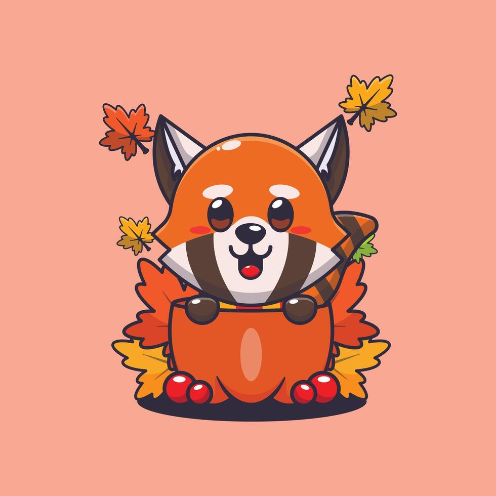 Cute red panda in a pumpkin at autumn season vector