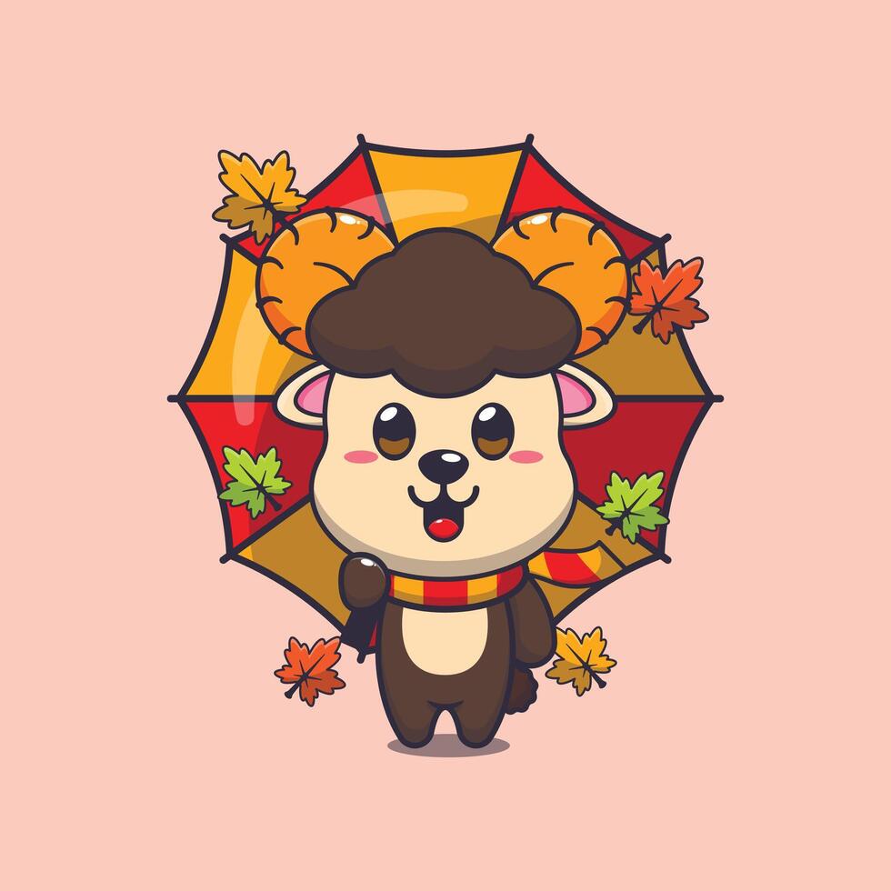 Cute ram sheep with umbrella at autumn season vector