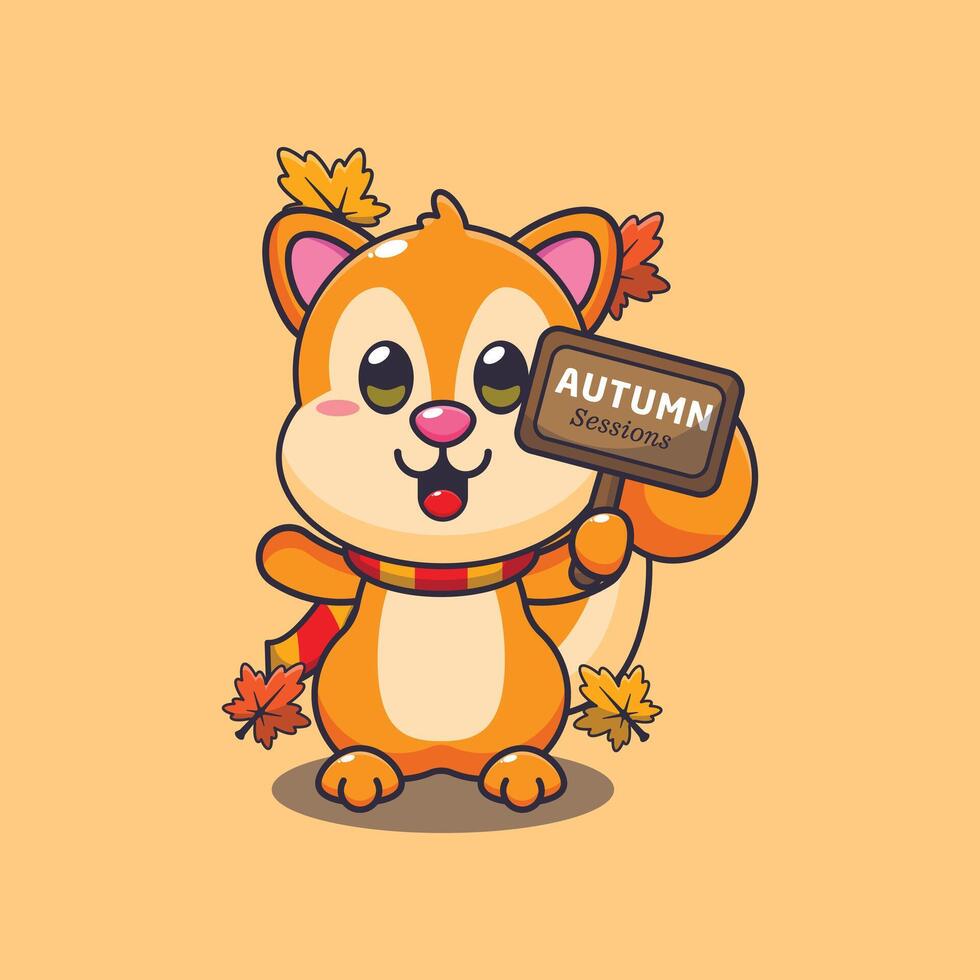 Cute squirrel with autumn sign board vector