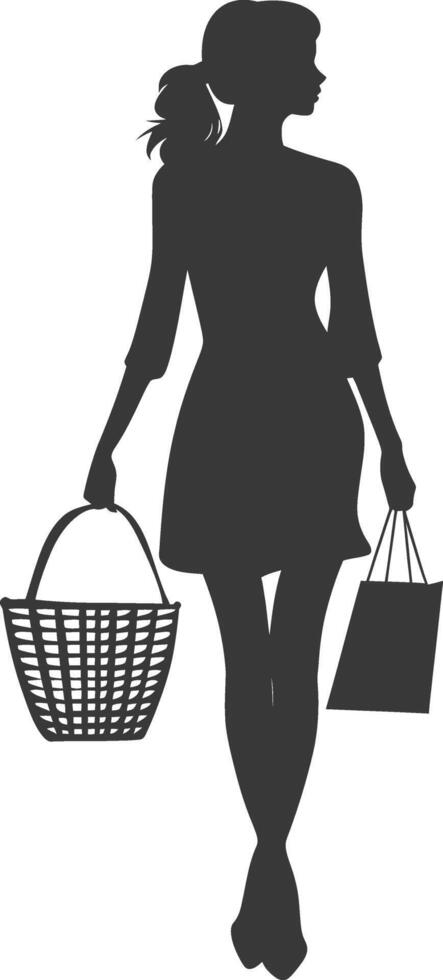 Silhouette women with Shopping basket full body black color only vector