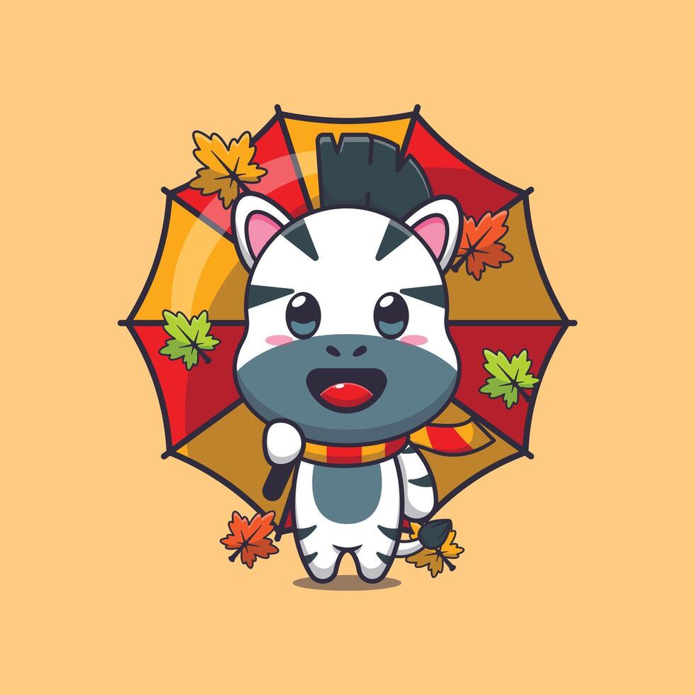 Cute zebra with umbrella at autumn season vector