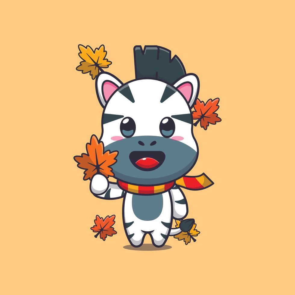 Cute zebra holding autumn leaf vector