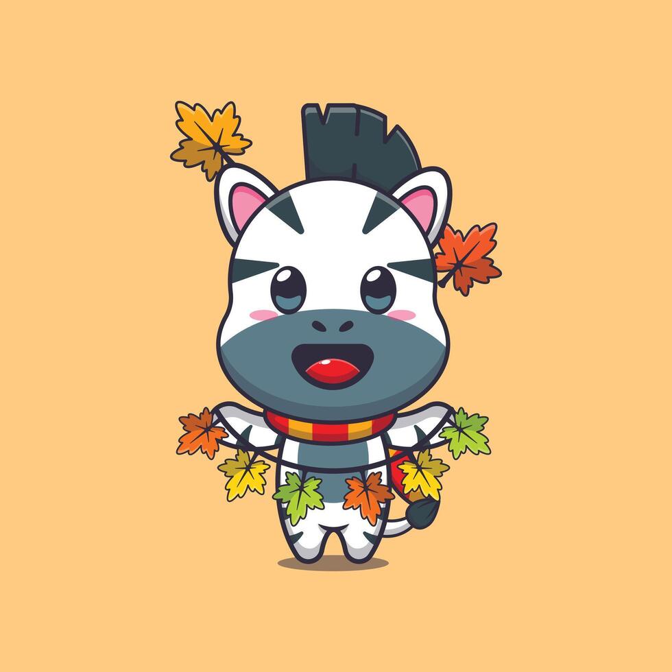 Cute zebra with autumn leaf decoration vector