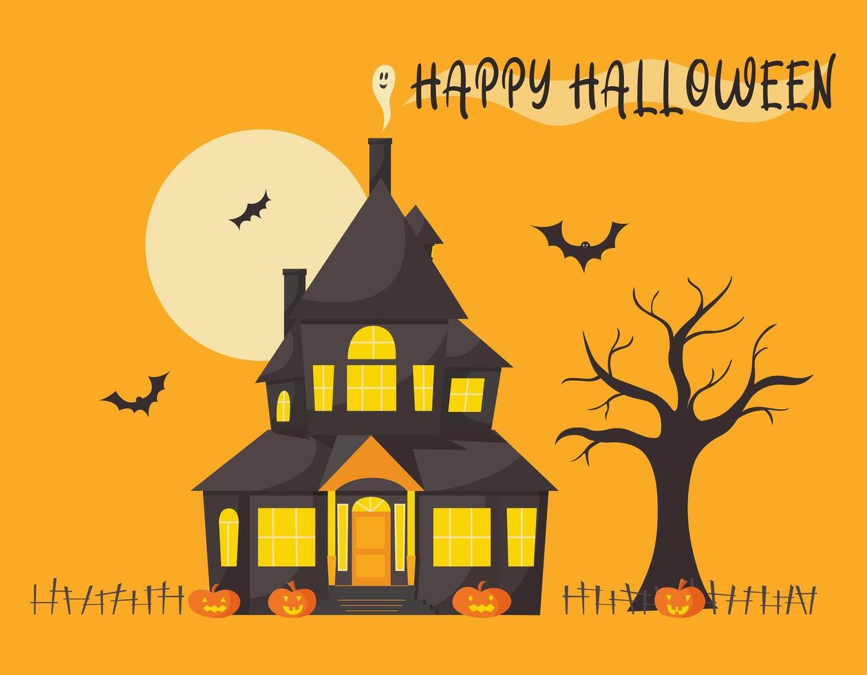 Halloween house in flat cartoon style with tree, ghost and jack-o-lantern pumpkins and cute characters. Orange moon night vector