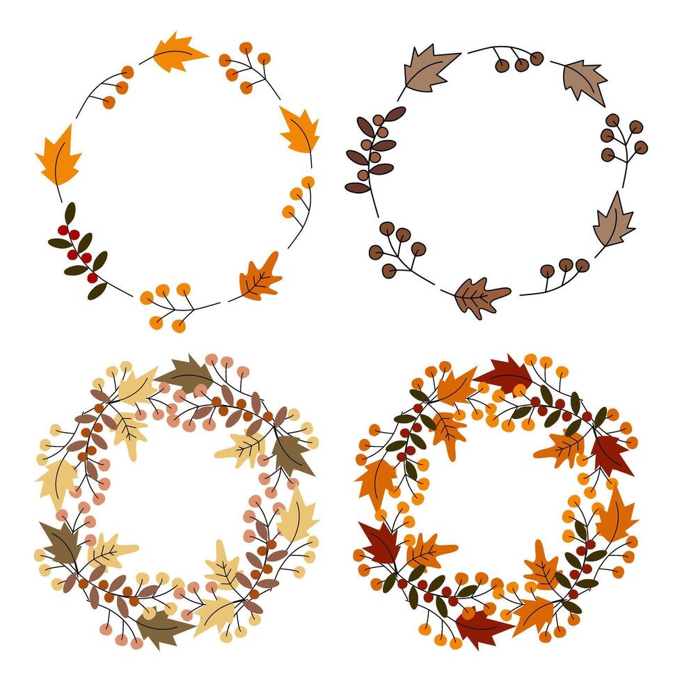 Autumn wreaths of leaves, berries and twigs in trendy shades Copy space Set of 4 Greetings Template vector