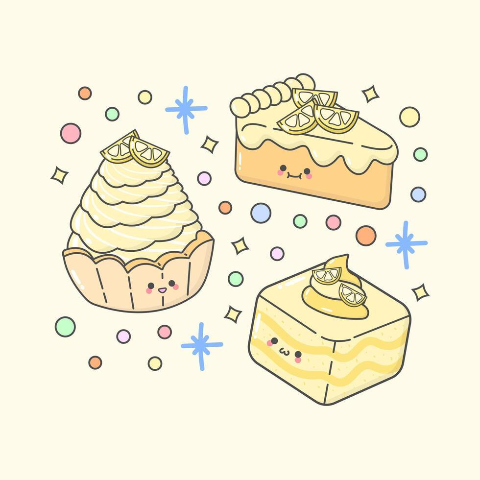 sweet dessert cream tart slice cake sponge cake melon with cute facial expressions and pastel colour vector
