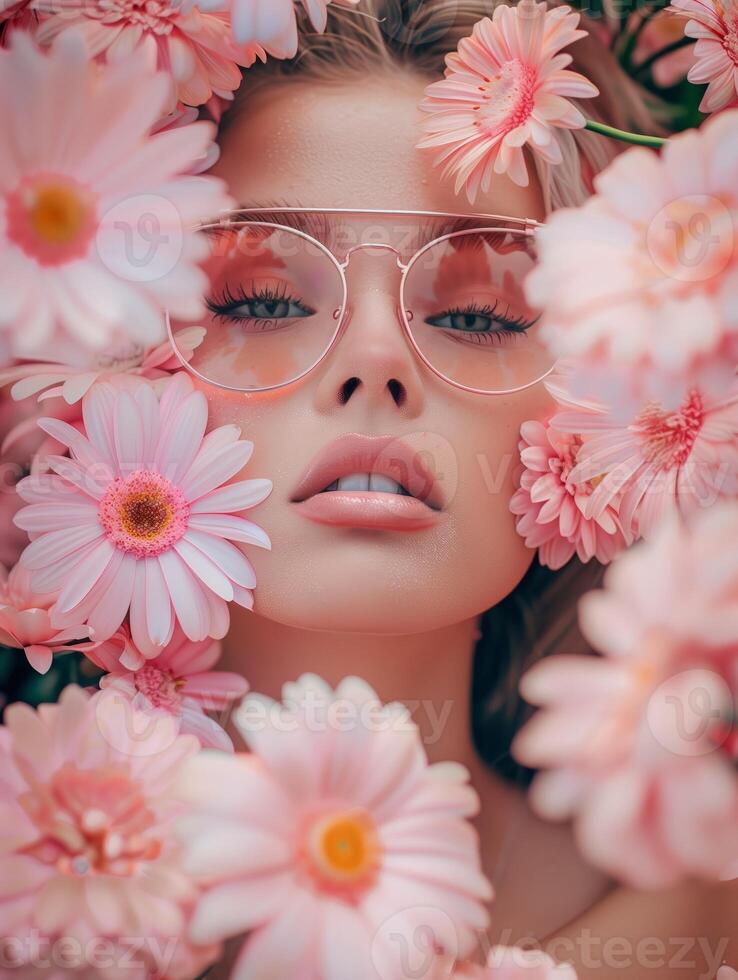 Young woman surrounded by pink daisies wearing stylish glasses photo