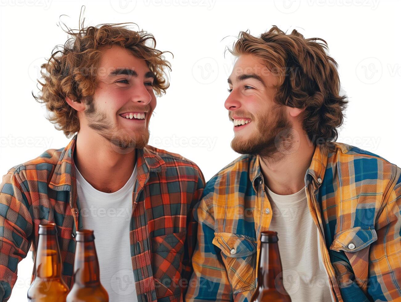 Two young friends laughing cheerfully with cold beers photo