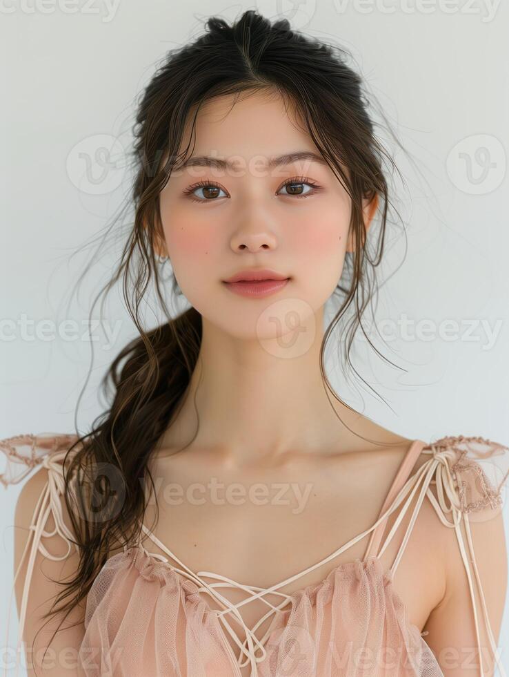 Elegant young Asian ballerina in a photorealistic studio setting photo