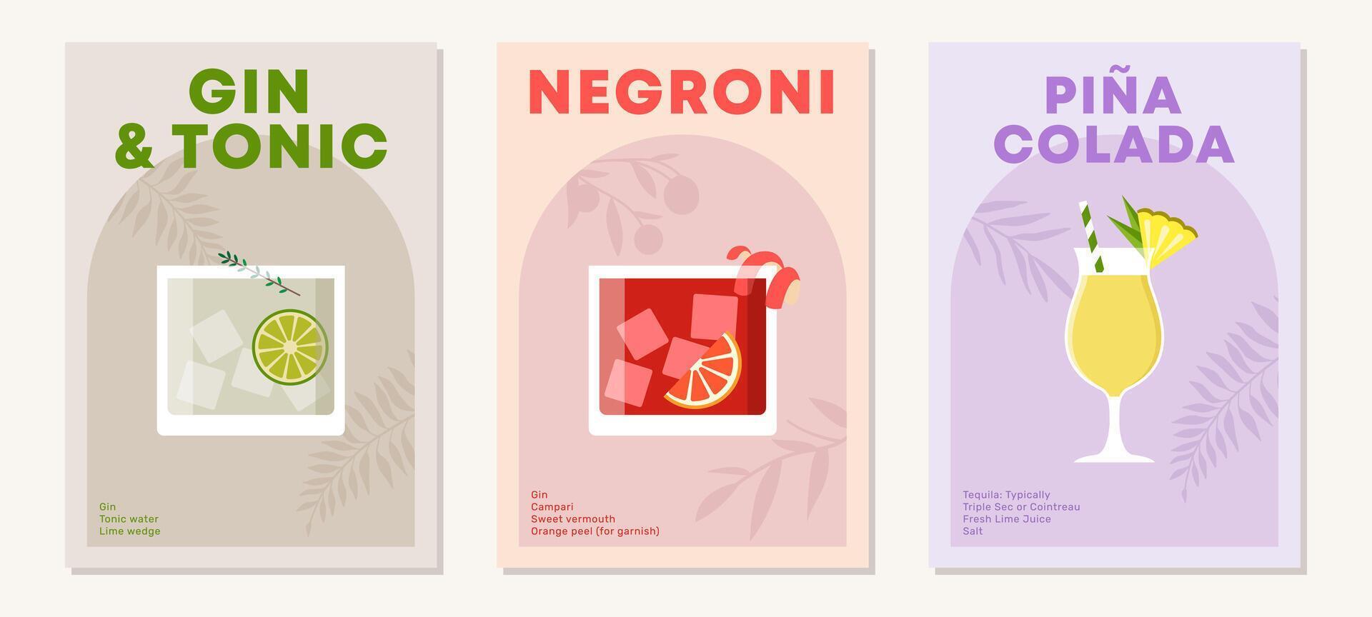 Set of posters with cocktails. Aperitif recipe. Alcoholic drinks in glasses for summer season. Gin Tonic, Negroni and Pina Colada. Flat illustration vector
