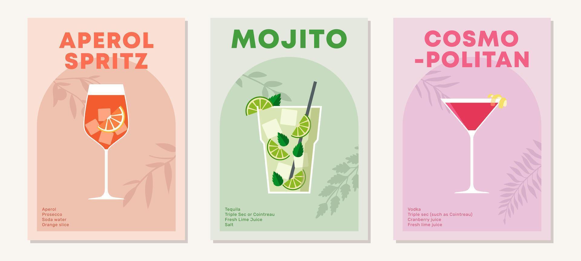 Set of posters with cocktails. Aperitif recipe. Alcoholic drinks in glasses for summer season. Mojito, Aperol Spritz and Cosmopolitan. Flat illustration vector