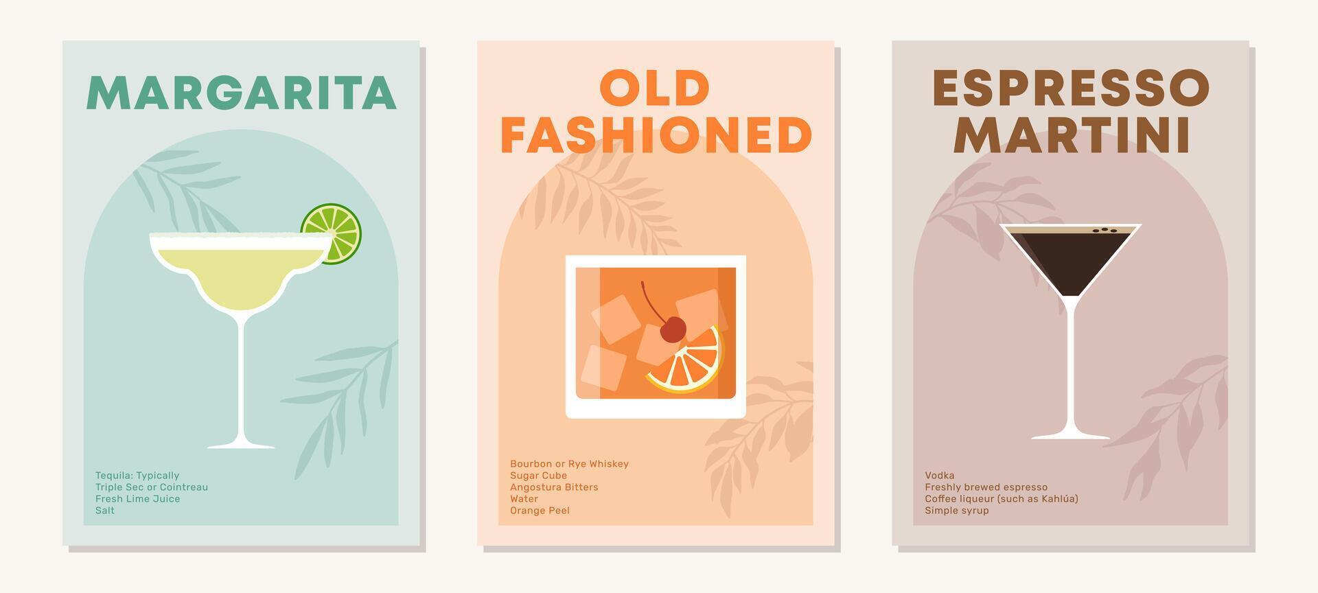 Set of posters with cocktails. Aperitif recipe. Alcoholic drinks in glasses for summer season. Margaritta, Old Fashioned and Espresso Martini. Minimalist contemporary vertical print. Flat illustration vector