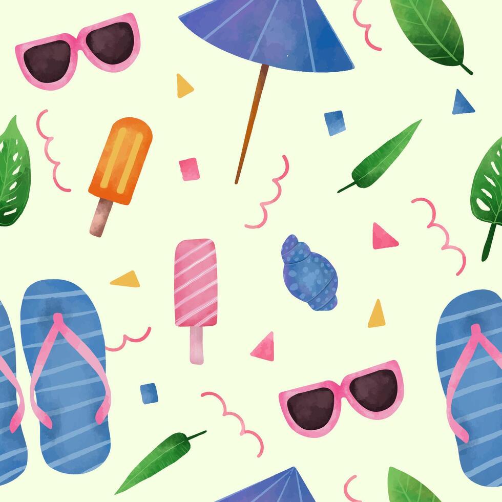 watercolor summer beach season with tropical leaves seamless pattern vector
