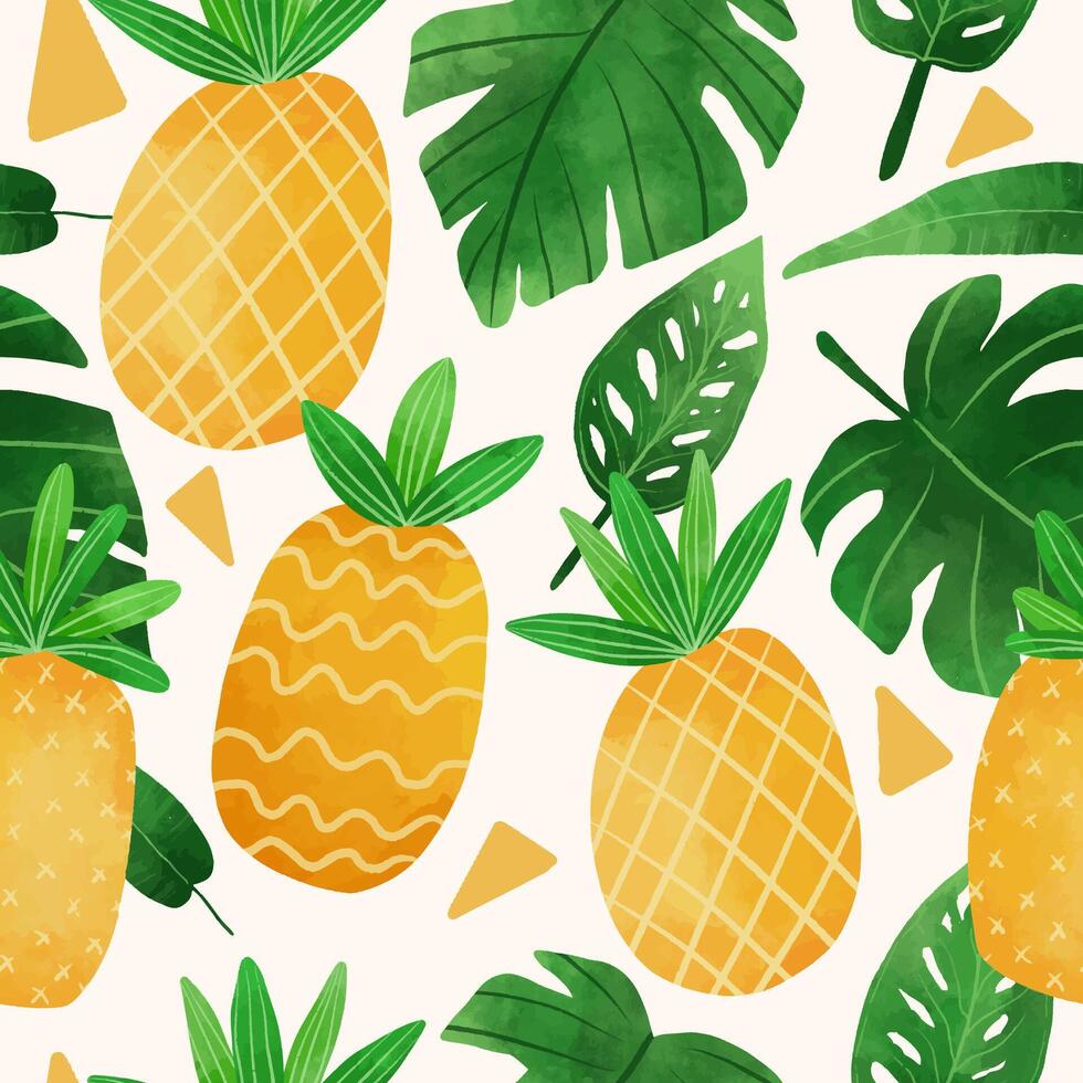 watercolor pineapple and tropical leaves seamless pattern vector