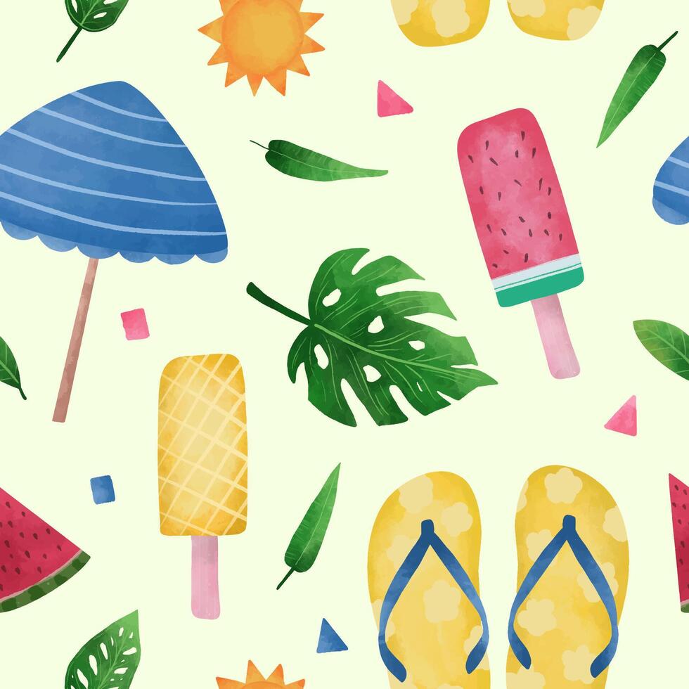 watercolor summer beach season with tropical leaves seamless pattern vector