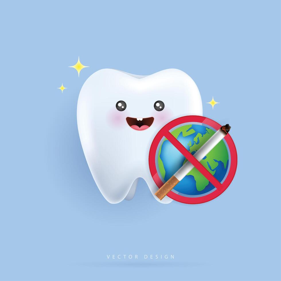 Cartoon tooth holding stop and no smoking. dental care concept. stop smoking, World No Tobacco Day. design. vector