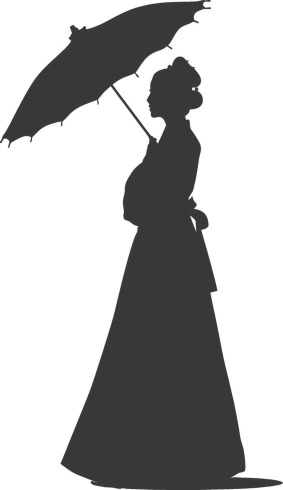 Silhouette independent korean women wearing hanbok with umbrella black color only vector