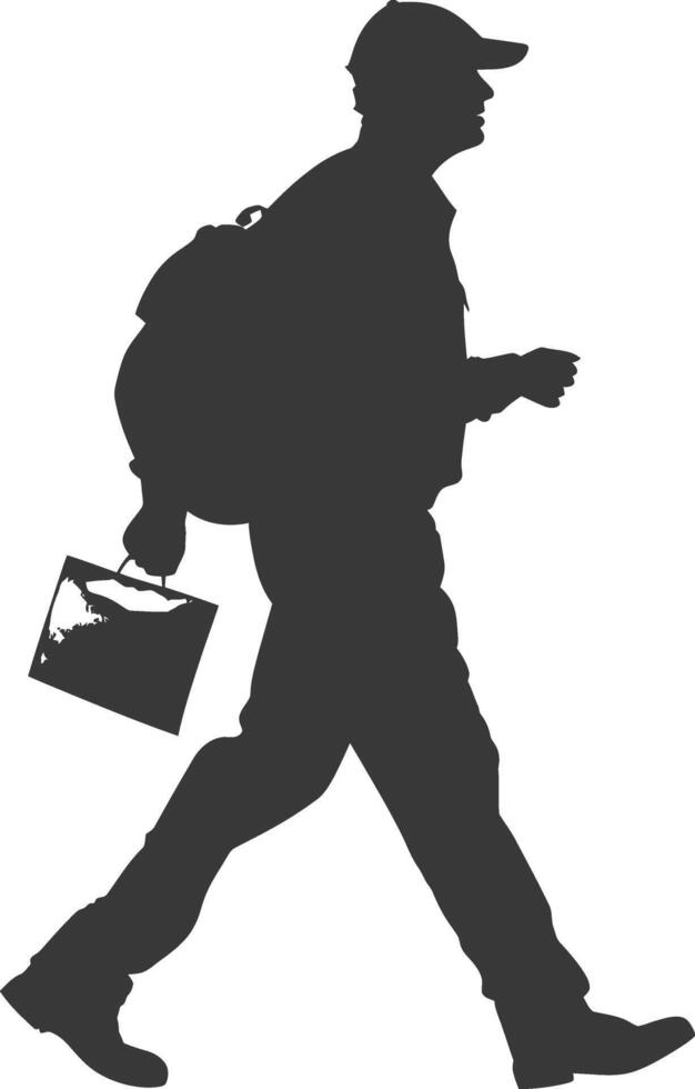 Silhouette mail carrier in action full body black color only vector