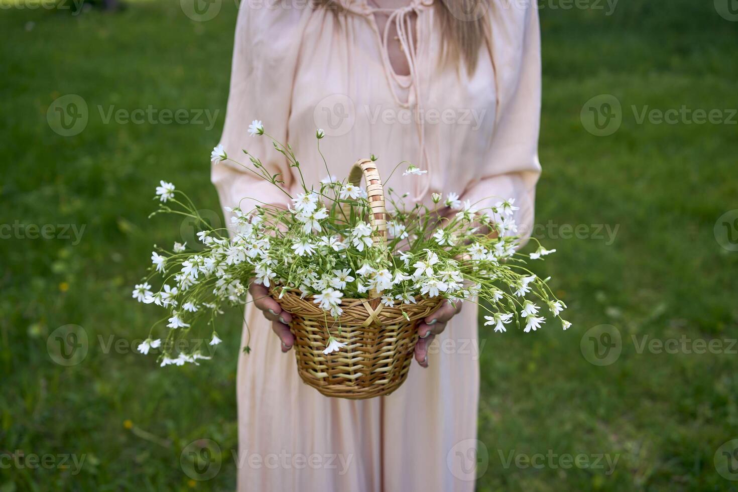 a portrait of a beautiful woman in a peach fuzz dress with a basket of flowers photo