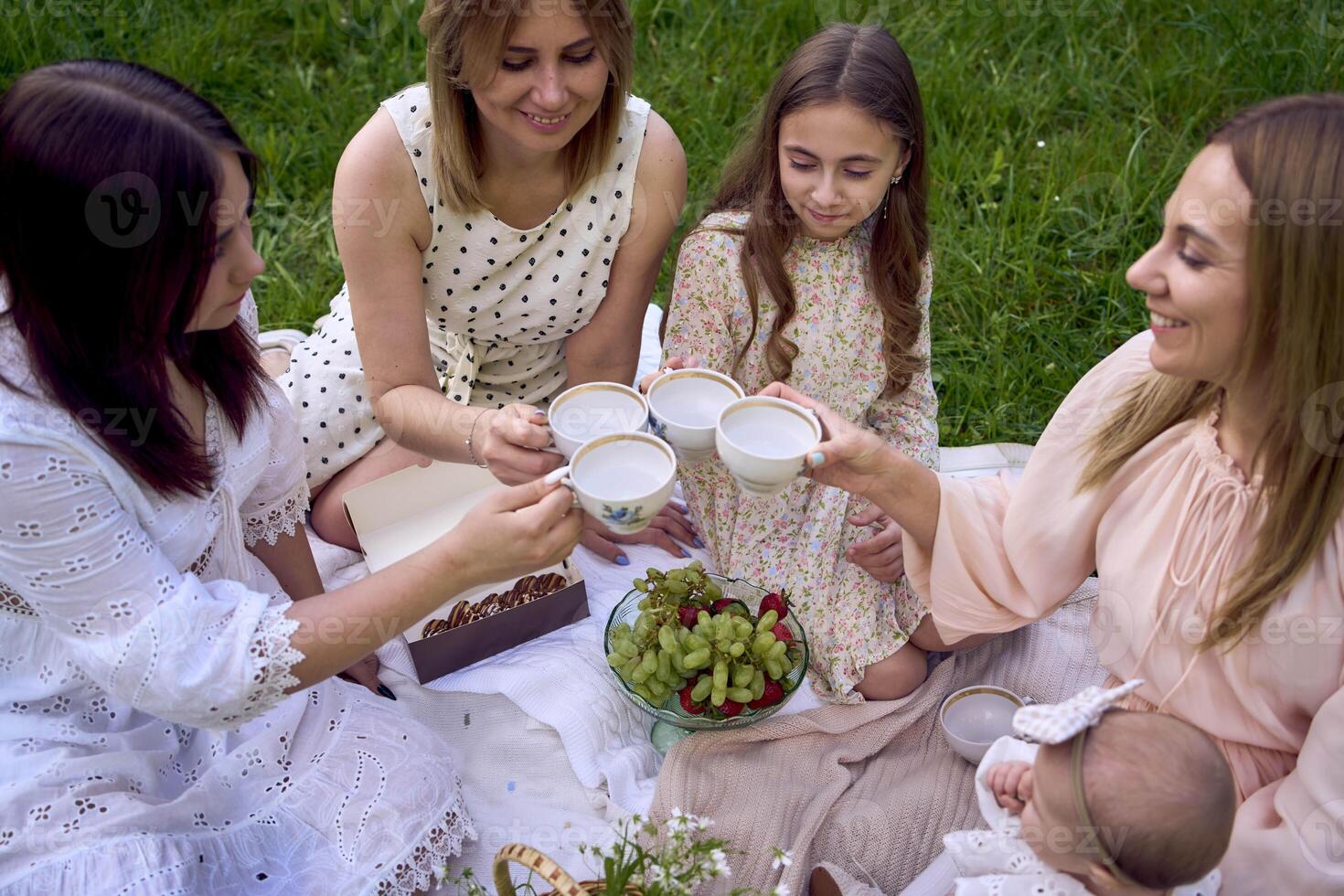 two women and their children having a picnic on the lawn photo