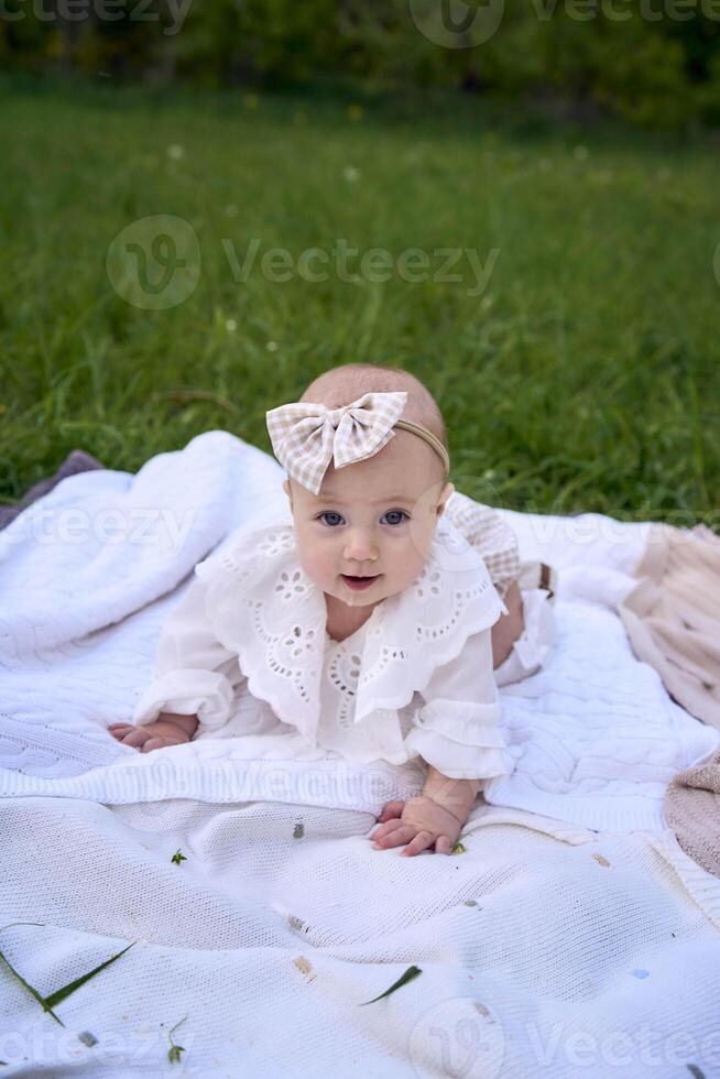baby girl crawls on blanket at picnic photo