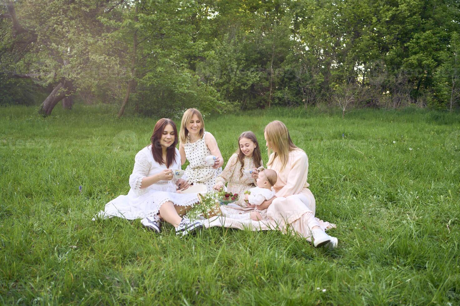 two women and their children having a picnic on the lawn photo