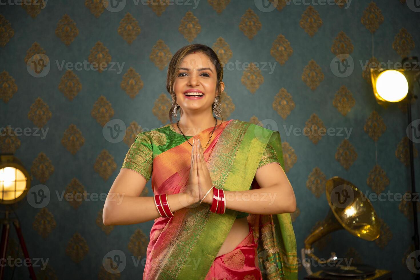 Gorgeous Traditional Model In Saree Doing Greeting Namaste photo