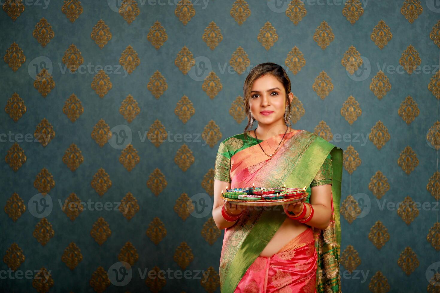Stock Photo Of A Hot Wife In A Saree And Holding A Pooja Plate At The Diwali Festival