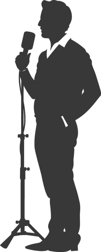 Silhouette news anchor in action full body black color only vector
