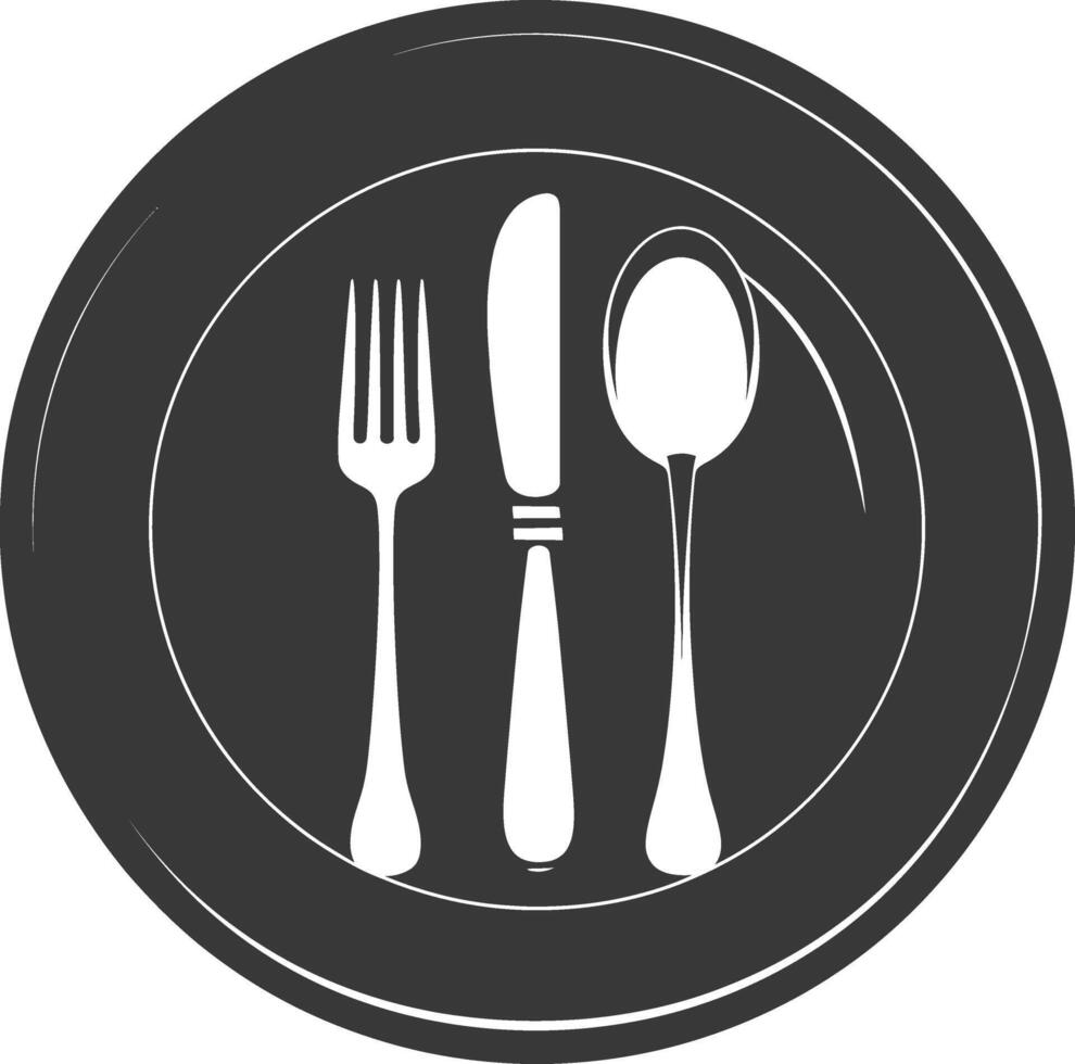 Silhouette Plate with cutlery black color only vector