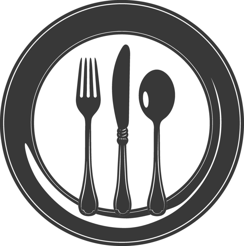 Silhouette Plate with cutlery black color only vector