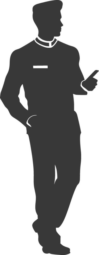 silhouette bellboy hotel in action full body black color only vector