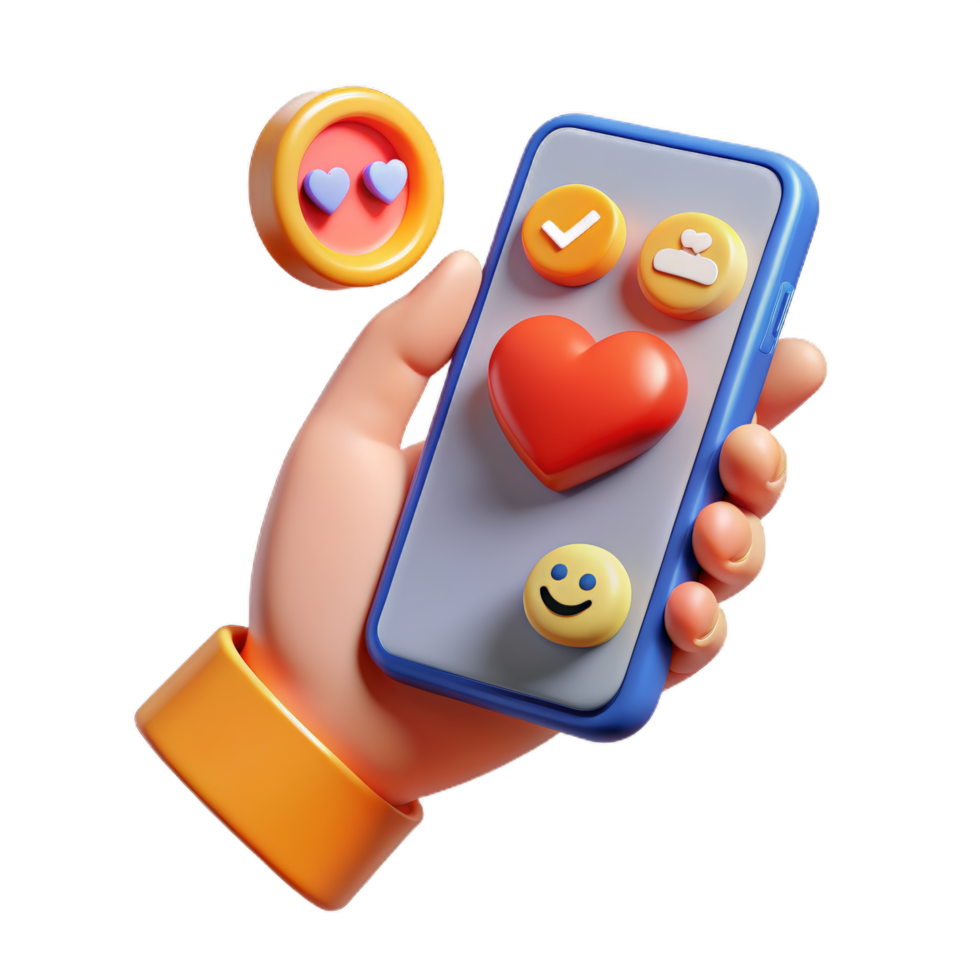 3d hand holding phone with emoji, minimal social media with emoji, Cartoon minimal icon. png
