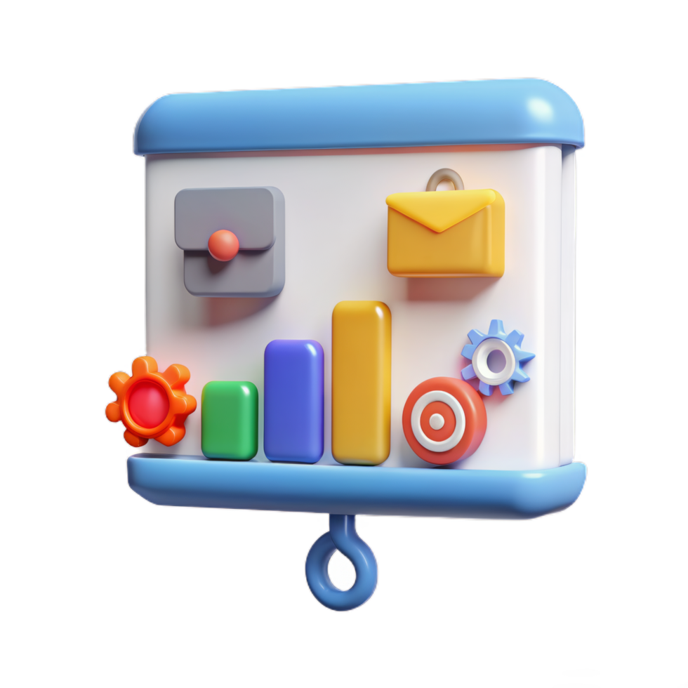 3D White board for presentation and icon symbol. Equipment for conferences and marketing strategy, Business concept. Cartoon pastel Minimal style. png