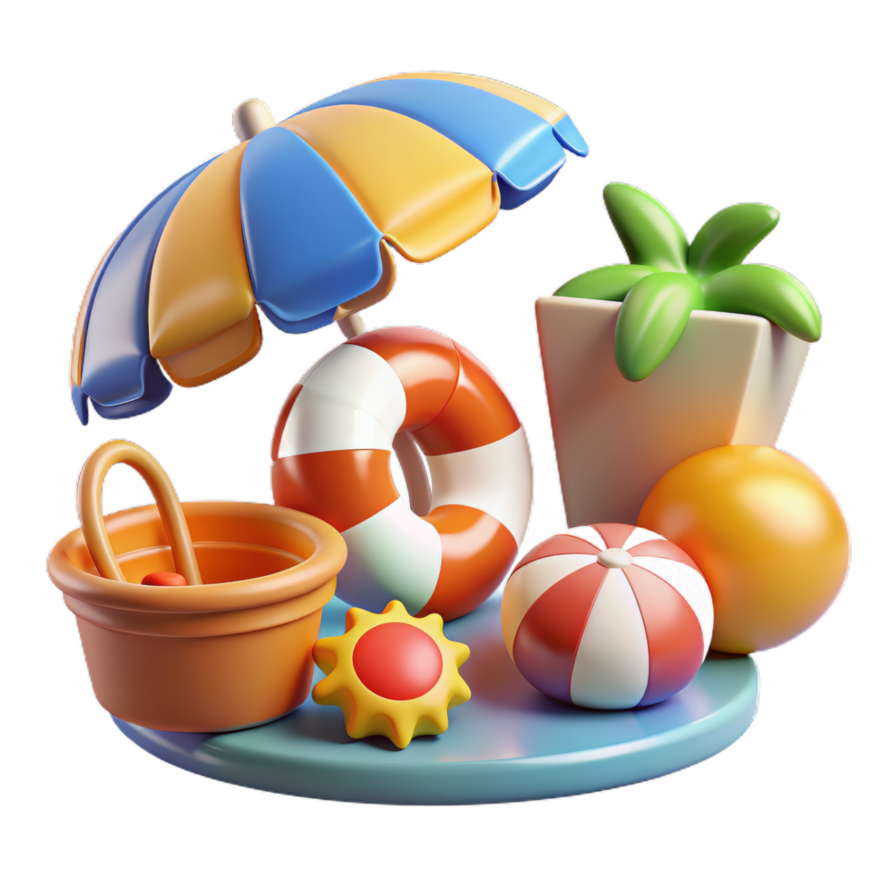 Summer 3d realistic render icon set. object with beach elements, summer holiday clip art set png