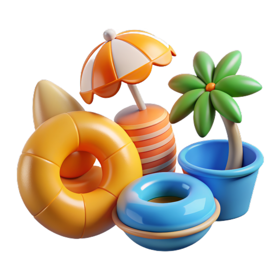 Summer 3d realistic render icon set. object with beach elements, summer holiday clip art set png