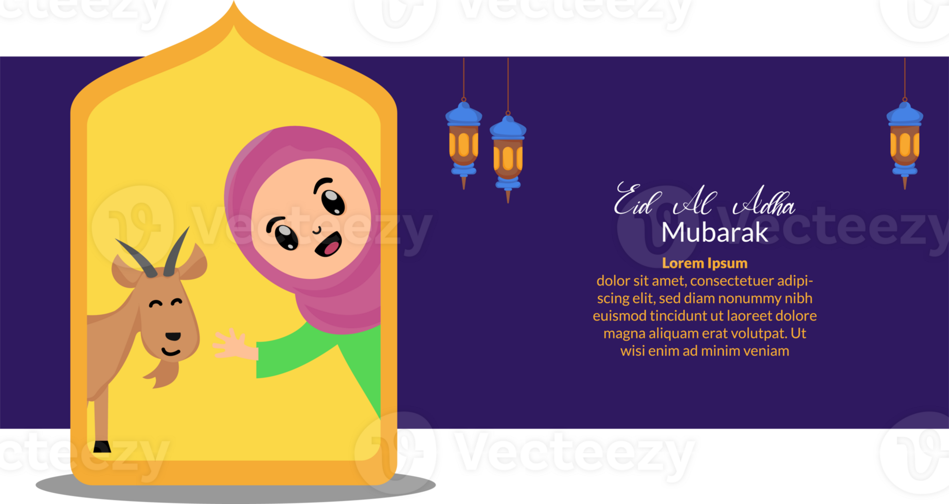 happy eid al adha celebration background with illustration of cute little girl muslim and sacrificial goat png