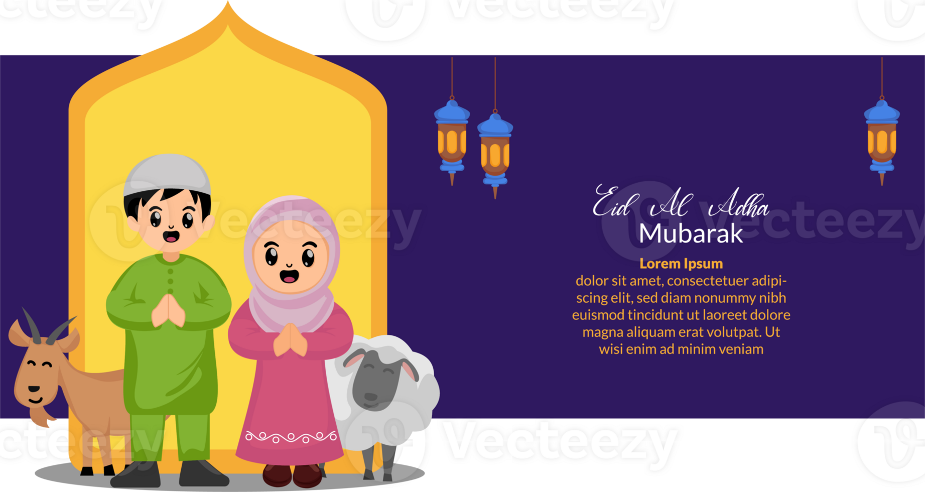 happy eid al adha celebration background with illustrations of cute muslims kids and animal goats and sheep sacrificial png