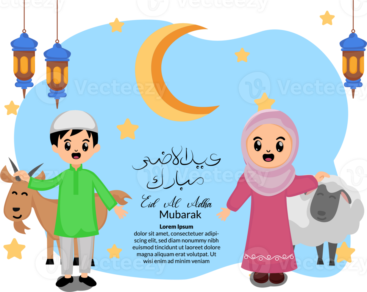eid al adha celebration background with illustration of cute kid muslim hold goat and sheep sacrificial png